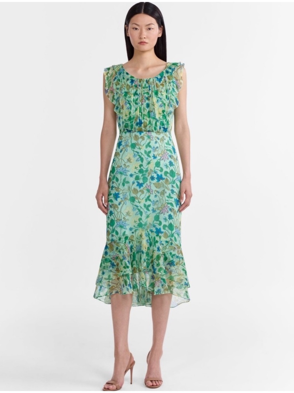 SALONI Aisha Green Floral Ruffle Midi Dress